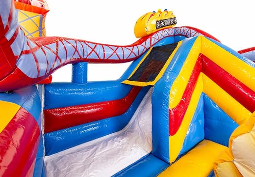 Order inflatable open multiplay bouncer with slide in rollercoaster theme for children. Buy bouncers online at JB Inflatables America 
