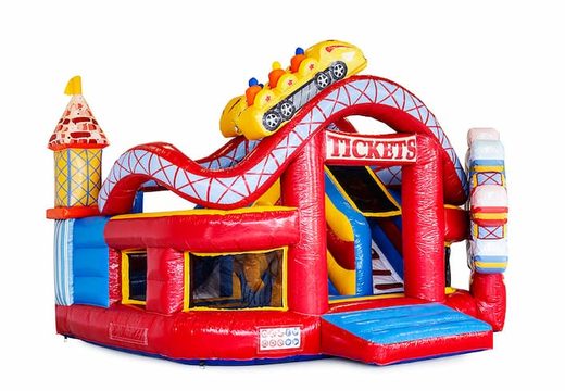 Funcity Rollercoaster bounce house with a slide on the inside and the 3D object on the jumping surface for kids. Order bounce houses online at JB Inflatables America 