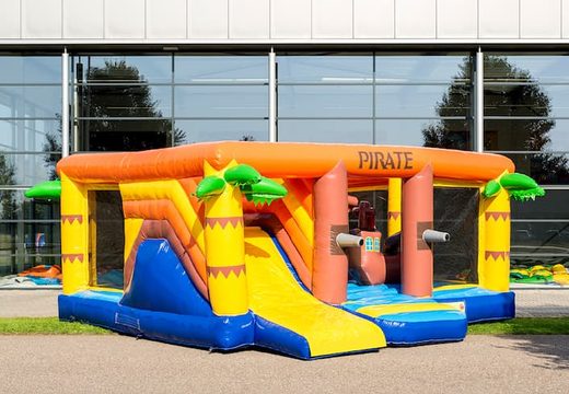 Buy indoor multiplay piratebounce house in a limited height of 2.74 meters and with a slide for children. Order bounce houses online at JB Inflatables America 