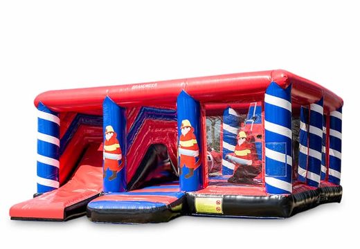 Buy a large inflatable open multiplay bounce house with slide in the fire department theme for children. Order inflatable bounce houses online at JB Inflatables America 