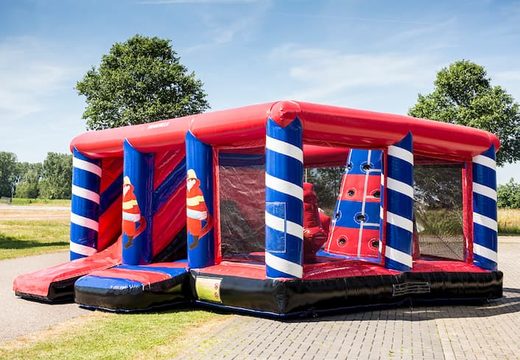 Buy indoor multiplay fire brigade bouncy castle in a limited height of 2.74 meters and with a slide for children. Order bouncy castles online at JB Inflatables America 