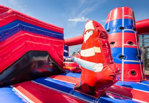 Buy a fire brigade-themed bounce house with a slide for kids. Buy bounce houses online at JB Inflatables America 