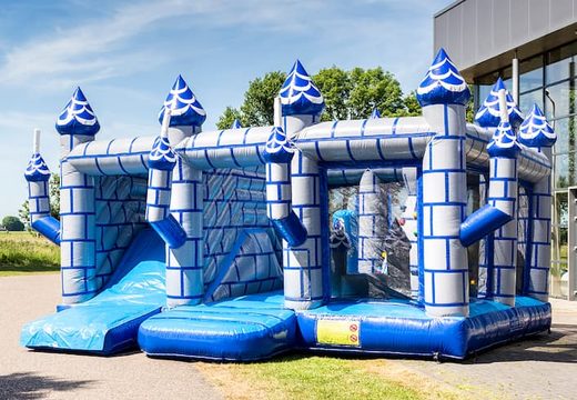 Buy indoor multiplay castle bounce house in a limited height of 2.74 meters and with a slide for children. Order bounce houses online at JB Inflatables America 