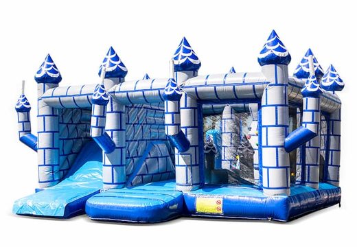 Buy large inflatable open blue white multiplay bouncy castle with slide in theme indoor castle for children. Order bouncy castles online at JB Inflatables America 