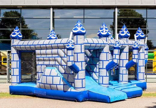 Buy a large Indoor castle bounce house with a slide on the jumping surface, climbing tower and fun obstacles with prints, for kids. Order bounce houses online at JB Inflatables America .