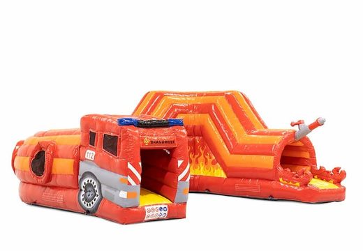Inflatable fire-themed crawl tunnel with obstacles, use a climbing ramp and sliding ramp for children. Buy bounce houses online at JB Inflatables America 