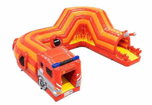 Order a crawl tunnel bounce house in the theme of fire brigade for children. Buy bounce houses online at JB Inflatables America 