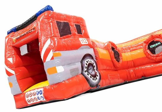 Crawl tunnel fire brigade bouncer with obstacles, a climbing ramp and sliding ramp for kids. Buy bouncers online at JB Inflatables America 