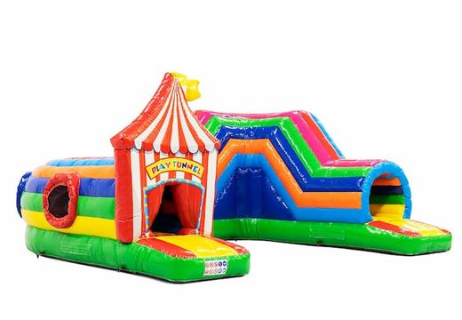 Crawl tunnel circus bounce house with obstacles, a climbing ramp and sliding ramp for kids. Buy bounce houses online at JB Inflatables America 