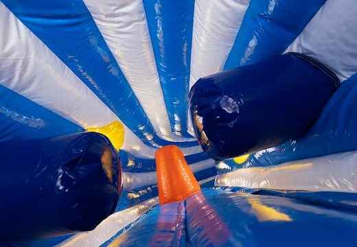 Inflatable shark-themed crawl tunnel with obstacles, use a climbing ramp and slide for kids. Buy bouncers online at JB Inflatables America 