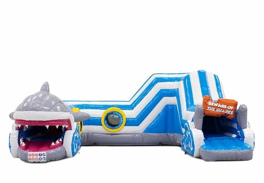 Shark-themed indoor inflatable crawl tunnel for kids. Buy bounce houses online now at JB Inflatables America 