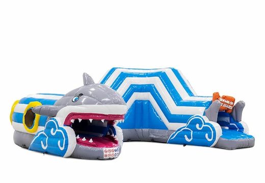 Order a shark crawl tunnel bounce house with obstacles, a climbing ramp and slide for children. Buy bounce houses online at JB Inflatables America 