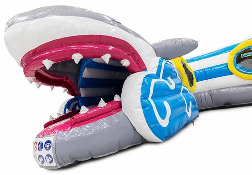 Buy Playfun crawl tunnel bounce house in shark theme for children. Order bounce houses online at JB Inflatables America 