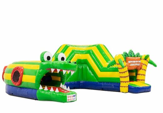 Order a crocodile crawl tunnel bounce house with obstacles, a climbing ramp and slide for children. Buy bounce houses online at JB Inflatables America 
