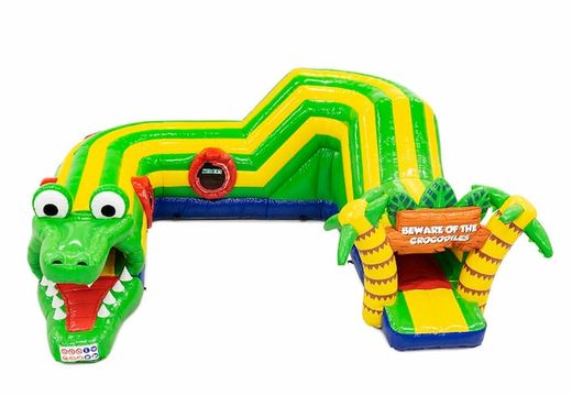 Crawl tunnel crocodile bounce house with obstacles, a climbing ramp and sliding ramp for kids. Buy bounce houses online at JB Inflatables America 