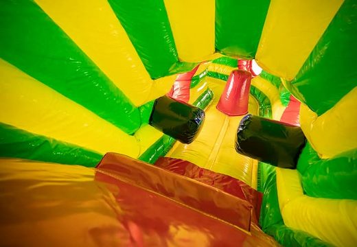 Buy a covered crawl tunnel bouncer in lion theme with obstacles, a climbing slope and sliding slope for children. Order bouncers online at JB Inflatables America 