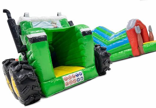 Order a crawl tunnel bounce house in tractor theme for children. Buy bounce houses online at JB Inflatables America 