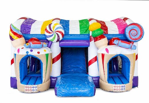 Multiplay XXL Candyland bounce house in a unique design with two entrances, a slide in the middle and 3D objects for kids. Buy bounce houses online at JB Inflatables America 