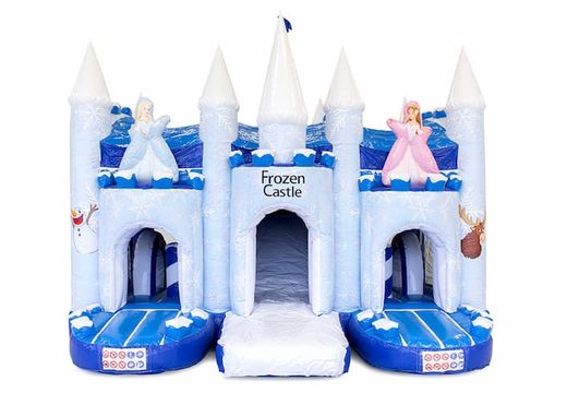 Order a blue and white bounce house in the ice theme in a unique design, a slide and 3D objects for kids. Buy bounce houses online at JB Inflatables America 