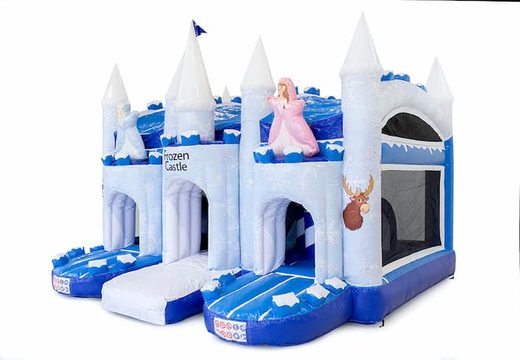 Buy large inflatable covered blue and white multiplay bouncy castle with slide in theme ice ice frozen for children. Order bouncy castles online at JB Inflatables America 