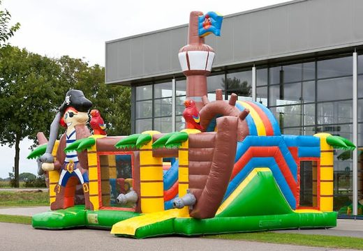 Indoor multiplay XXL Pirate boat bounce house in a unique design, a slide and 3D objects for children. Order bounce houses online at JB Inflatables America 
