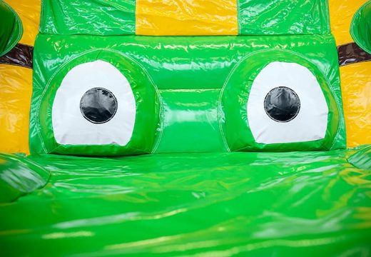 Buy crocodile bouncer in a unique design with two entrances, a slide in the middle and 3D objects for kids. Order bouncers online at JB Inflatables America 