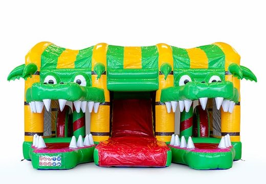 Multiplay XXL Crocodile bounce house in a unique design with two entrances, a slide in the middle and 3D objects for children. Buy bounce houses online at JB Inflatables America 