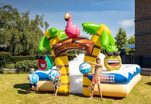 Groot opblaasbaar open bubble boarding park springkasteel met schuim kopen in thema tropisch caribbean flamingo voor kinderen