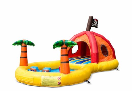Buy a large inflatable semi-open play fun bounce house with pool in the playzone pirate pirate theme for children. Order bounce houses online at JB Inflatables America 