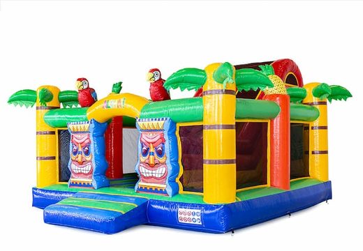 Buy a large inflatable open multiplay bouncy castle with slide in the Hawaii theme for children. Order inflatables online at JB Inflatables America 