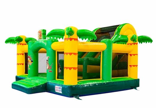 Buy large inflatable open multiplay slidebox bouncy castle with slide in the jungle theme for children. Order inflatables online at JB Inflatables America 