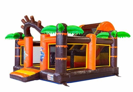 Buy large inflatable open multiplay slidebox bouncy castle with slide in pirate theme for children. Order inflatable bouncy castles online at JB Inflatables America 