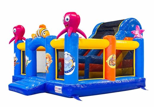 Buy large inflatable open multiplay slidebox bouncy castle with slide in theme seaworld for children. Order bouncy castles online at JB Inflatables America 