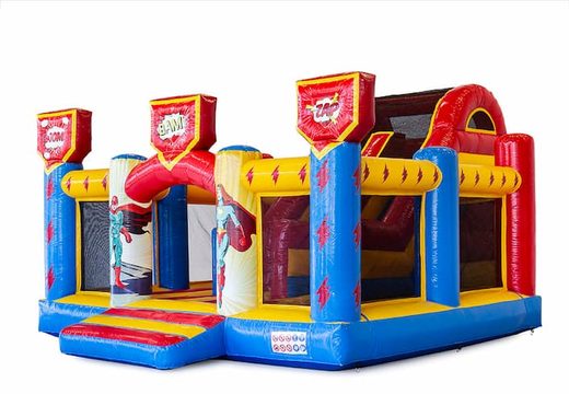 Buy large inflatable open multiplay bouncy castle with slide in the theme superhero superheroes for children. Order inflatables online at JB Inflatables America 