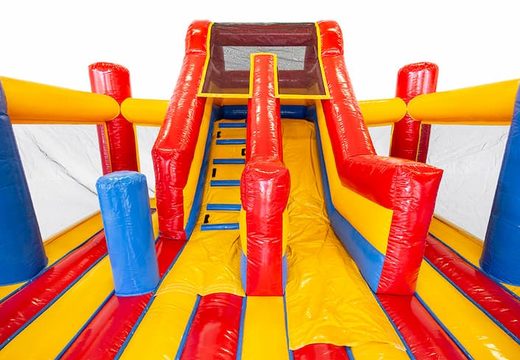 Buy inflatable boss slidebox in superhero bounce house theme with a slide for children. Order bounce houses online at JB Inflatables America 