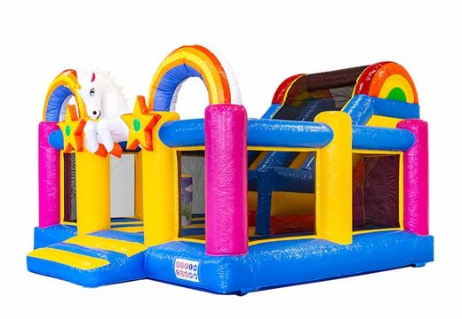Large inflatable open multiplay slidebox bounce house with slide in theme unicorn rainbow for children. Order inflatable bounce houses online at JB Inflatables America 
