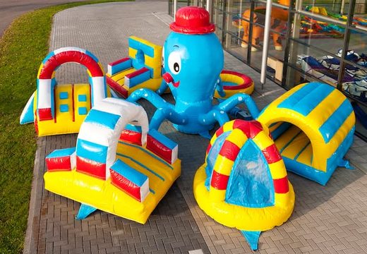 Buy an octopus themed bounce house with a climbing ramp and crawl tunnel for kids. Order bounce houses online at JB Inflatables America 