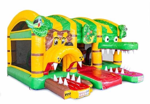 Jungleworld themed bounce house with a slide and 3D objects for children. Order bounce houses online at JB Inflatables America 