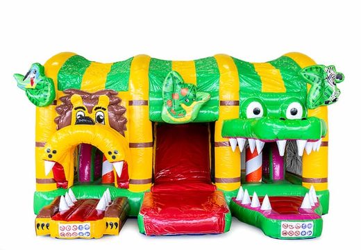 Multiplay XXL Jungleworld bounce house in a unique design with two entrances, a slide in the middle and 3D objects for kids. Buy bounce houses online at JB Inflatables America 