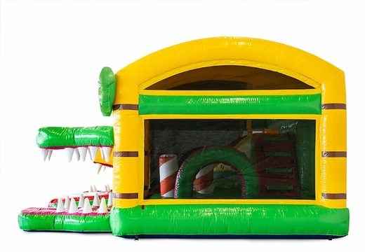 Inflatable multiplay Jungleworld bounce house with a slide in the middle and 3D objects for children. Order bounce houses online at JB Inflatables America 