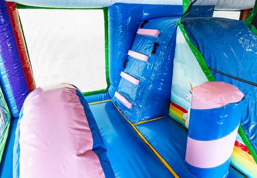 Multiplay XXL Unicorn bounce house  in a unique design, a slide and 3D objects for children. Buy bounce houses online at JB Inflatables America 