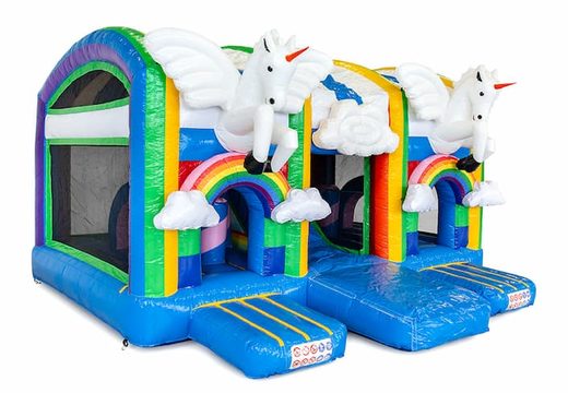 Indoor multiplay unicorn bounce house in a unique design with two entrances, a slide in the middle and 3D objects for kids. Buy bounce houses online at JB Inflatables America 