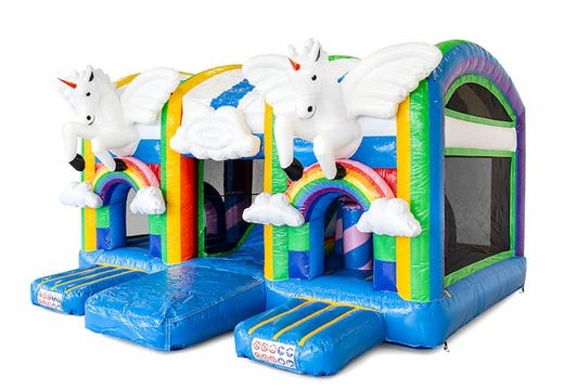 Buy a large inflatable indoor multiplay bouncy castle with slide in the theme unicorn for children. Order bouncy castles online at JB Inflatables America 