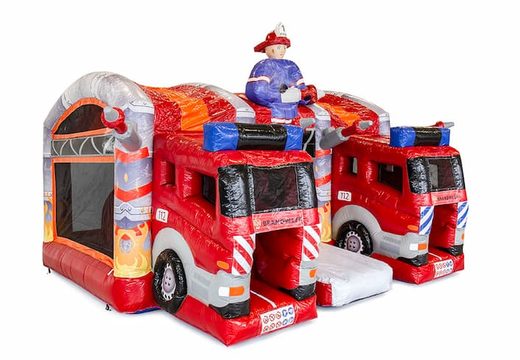 Orde multiplay XXL Fire Brigade bounce house in a unique design with two entrances, a slide in the middle and 3D objects for children. Buy bounce houses online at JB Inflatables America 