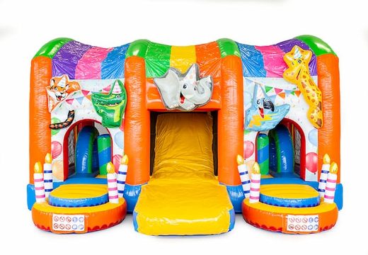 Inflatable multiplay Party bounce house with a slide in the middle and 3D objects for children. Order bounce houses online at JB Inflatables America 