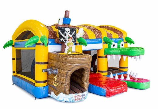 Inflatable multi-play pirate bounce house with a slide in the middle and 3D objects for kids. Order bounce houses online at JB Inflatables America 