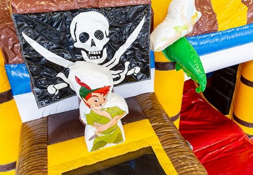 Buy pirate bouncy castle in a unique design with two entrances, a slide in the middle and 3D objects for kids. Order bouncy castles online at JB Inflatables America 