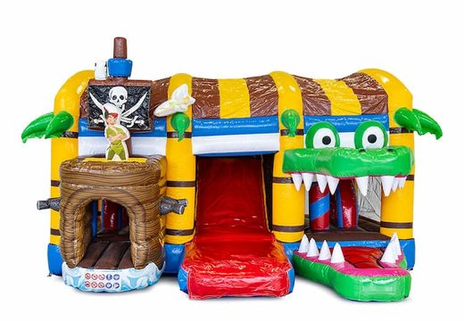 Order indoor multiplay pirate bounce house in a unique design with two entrances, a slide in the middle and 3D objects for kids. Buy bounce houses online at JB Inflatables America 