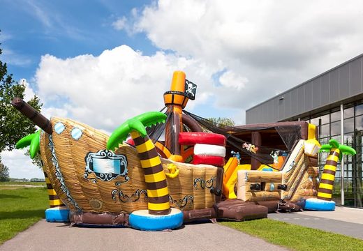 Buy Mega Pirate Shooter Ship Shape bounce house with Shooting Game and Slide for Kids. Order bounce houses online at JB Inflatables America