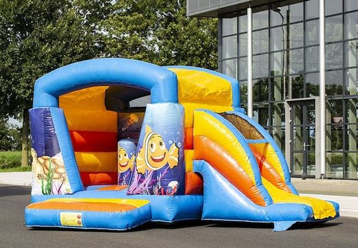 Small blue multifun inflatable bouncer with roof for children for sale in sea theme. Buy bouncers online at JB Inflatables America